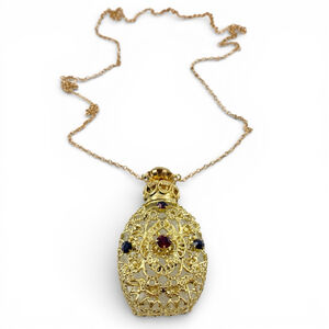 Vintage Czech Red Rhinestone Gold Filigree Perfume Bottle Necklace, Long